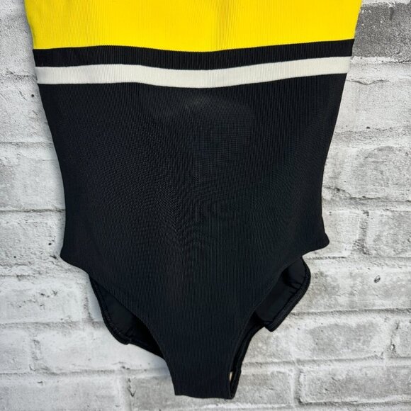 Vintage Black Yellow Colour Block High Square Neck One Piece Swimsuit - Picture 3 of 10